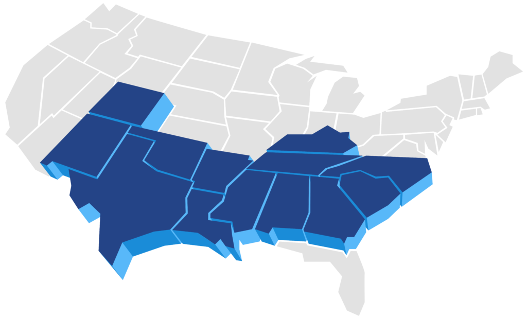 Map of the U.S. showing Baywater Wireline's operating areas in the Southeast.